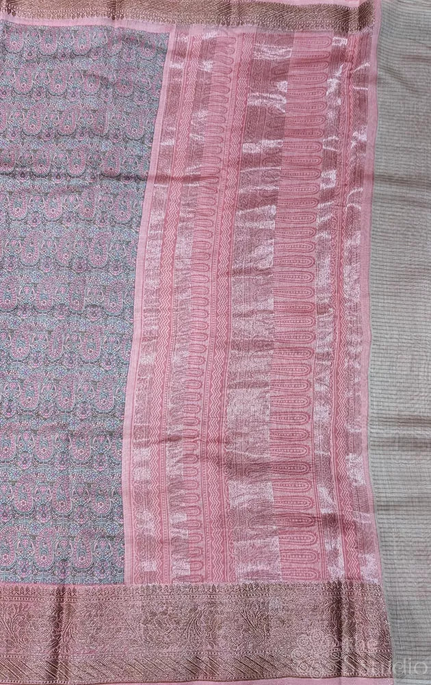 Grey and pink chanderi cotton saree with antique border