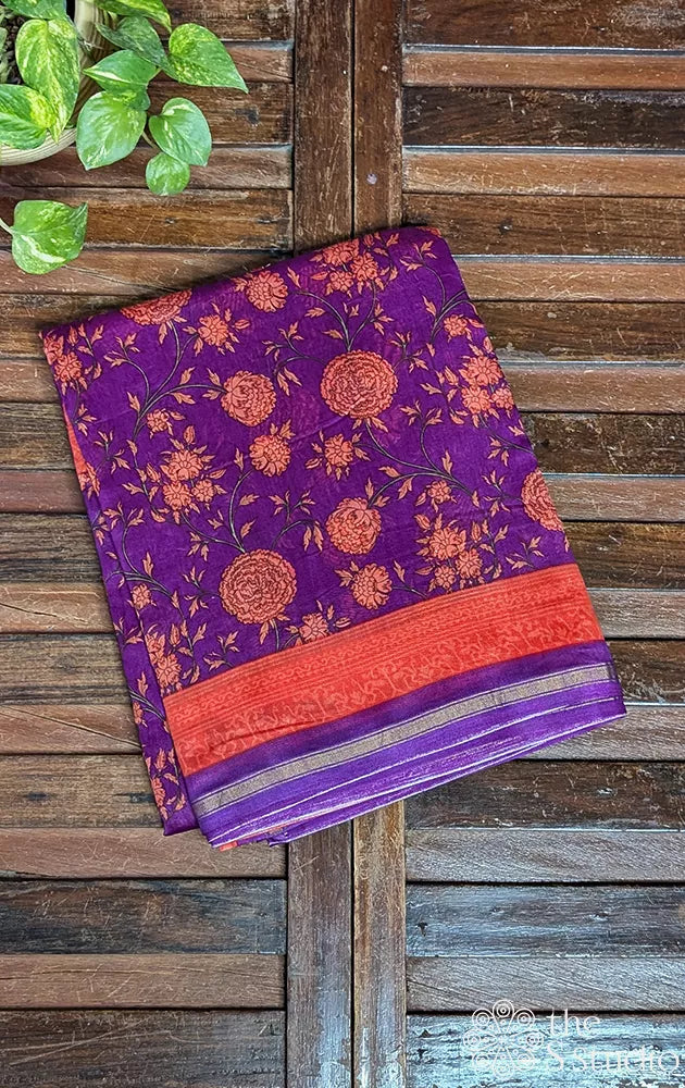 Purple chanderi cotton saree with floral prints