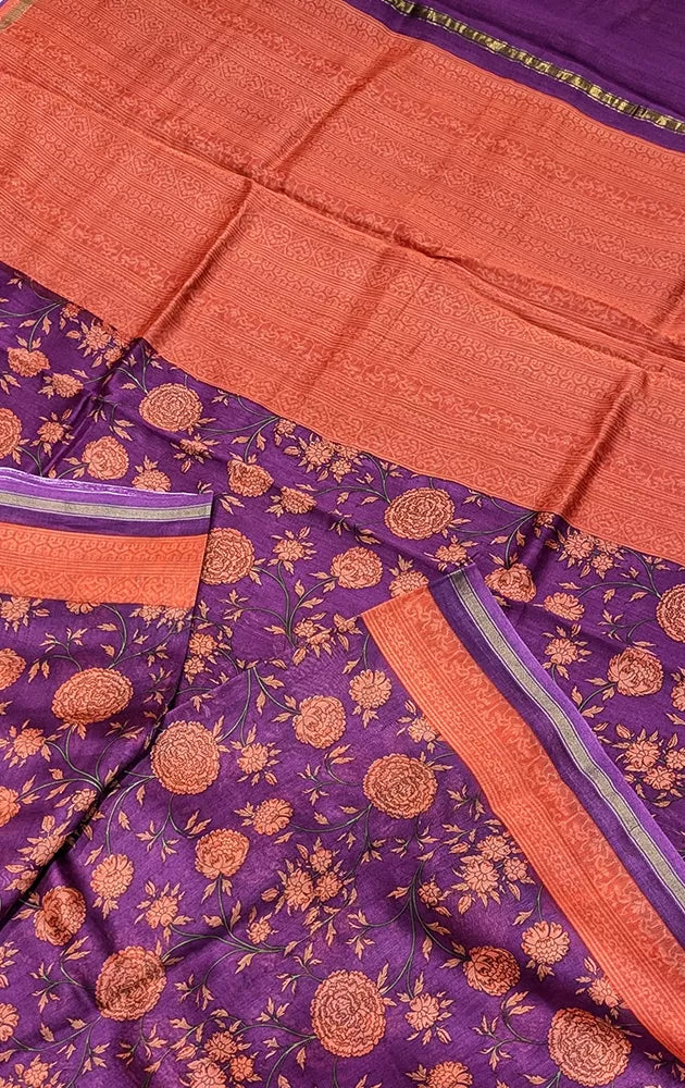 Purple chanderi cotton saree with floral prints