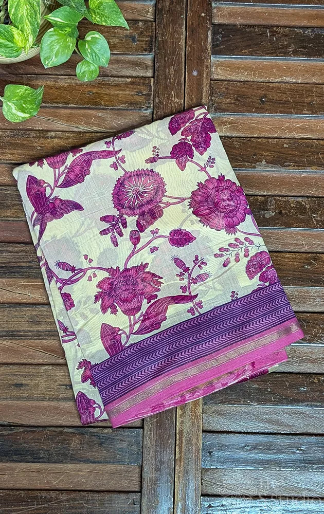 Off white chanderi cotton with purple floral prints
