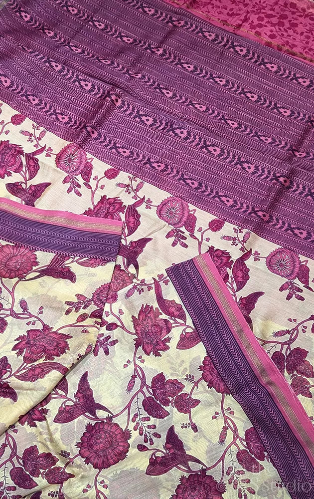 Off white chanderi cotton with purple floral prints