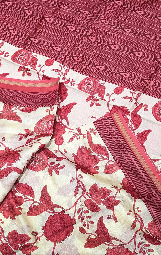 Off white chanderi cotton with red floral prints