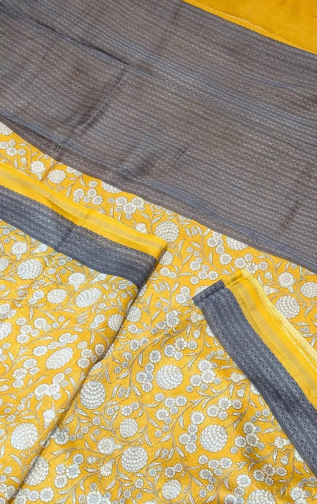 Yellow chanderi cotton saree with small floral prints