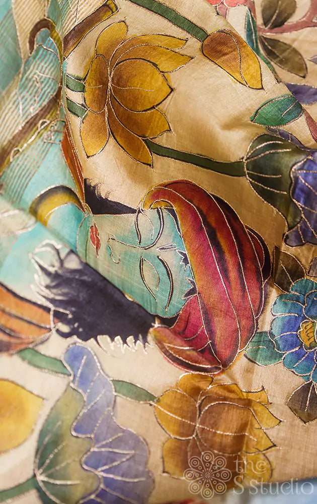 Blue  tussar silk saree with krishna hand painted on the pallu