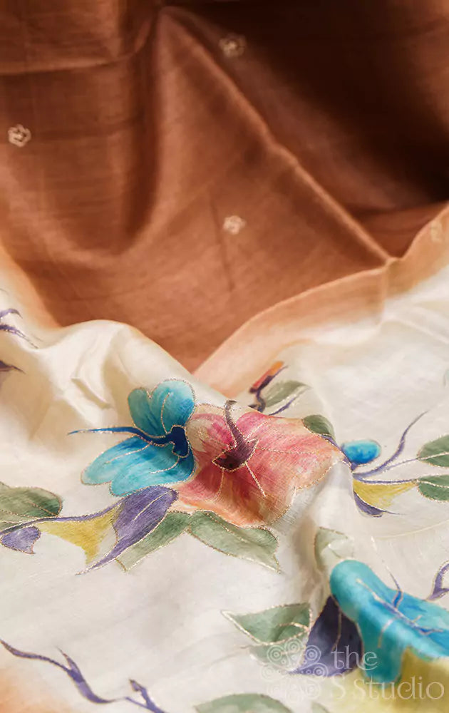 Brown and offwhite tussar silk saree with floral hand painting
