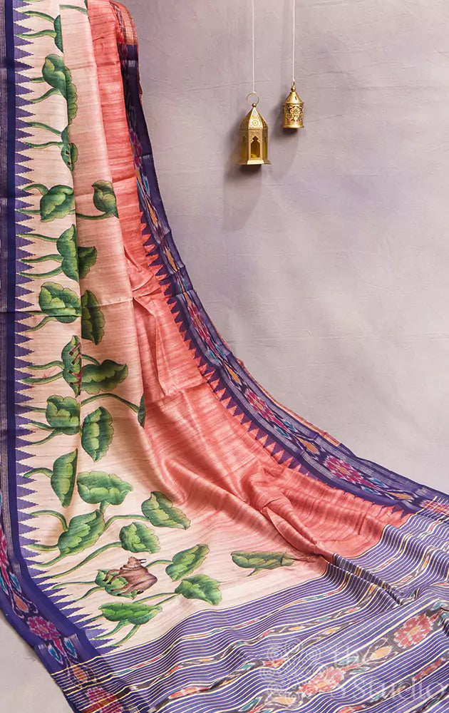 Pink and offwhite hand painted tussar silk saree with blue vidarbha border