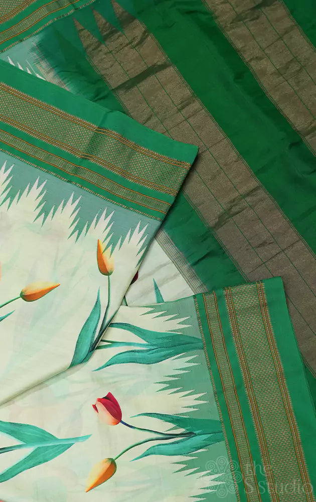 Light green floral printed paithani silk saree