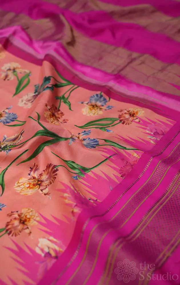 Peach floral printed paithani silk saree