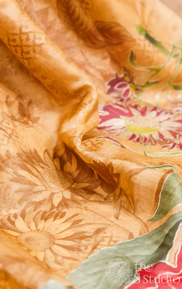 Brown tussar silk saree with floral prints