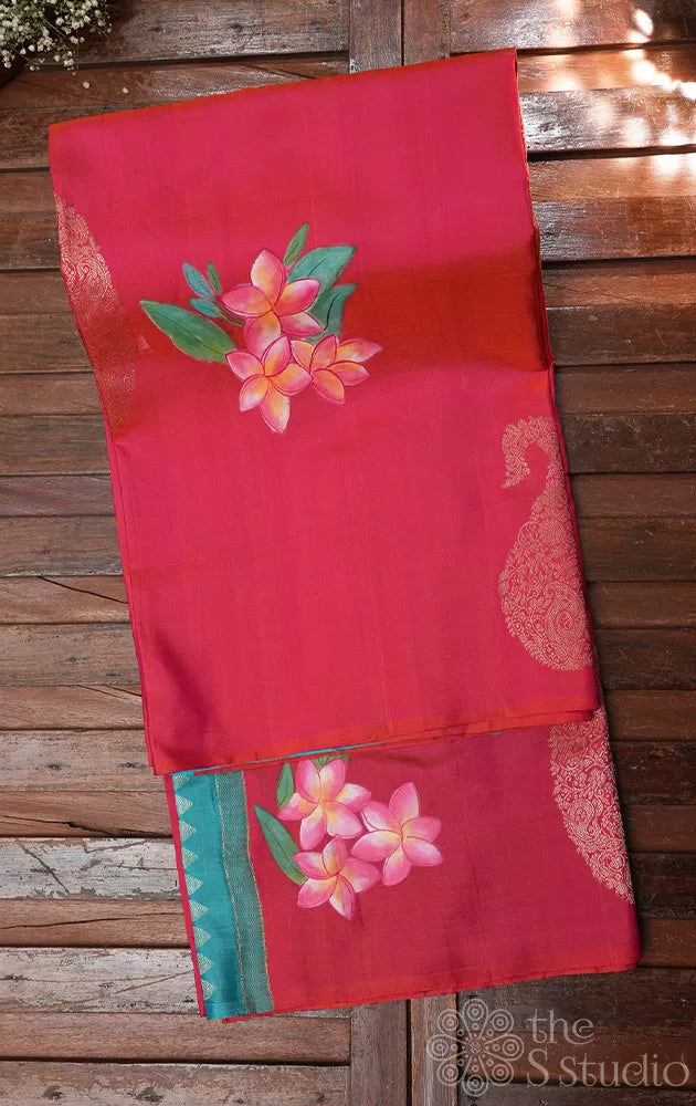 Peach borderless kanjivaram silk saree with hand painting