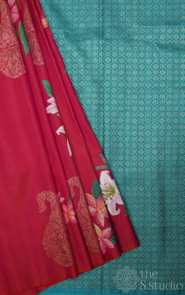 Peach borderless kanjivaram silk saree with hand painting