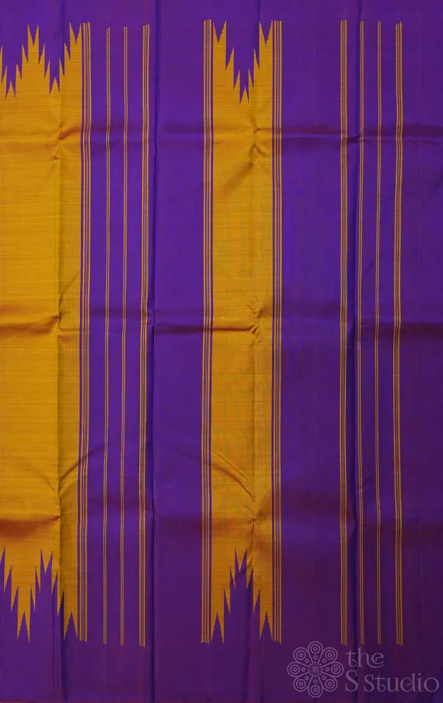 Mustard kanchipuram silk saree with purple temple border