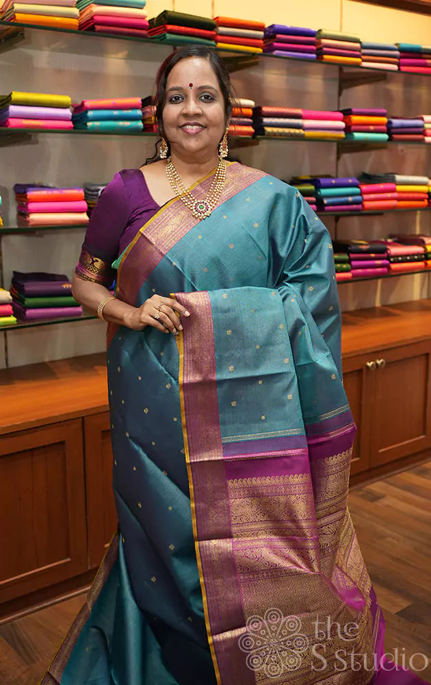 Rama blue vaira oosi kanchi silk saree with magenta pallu