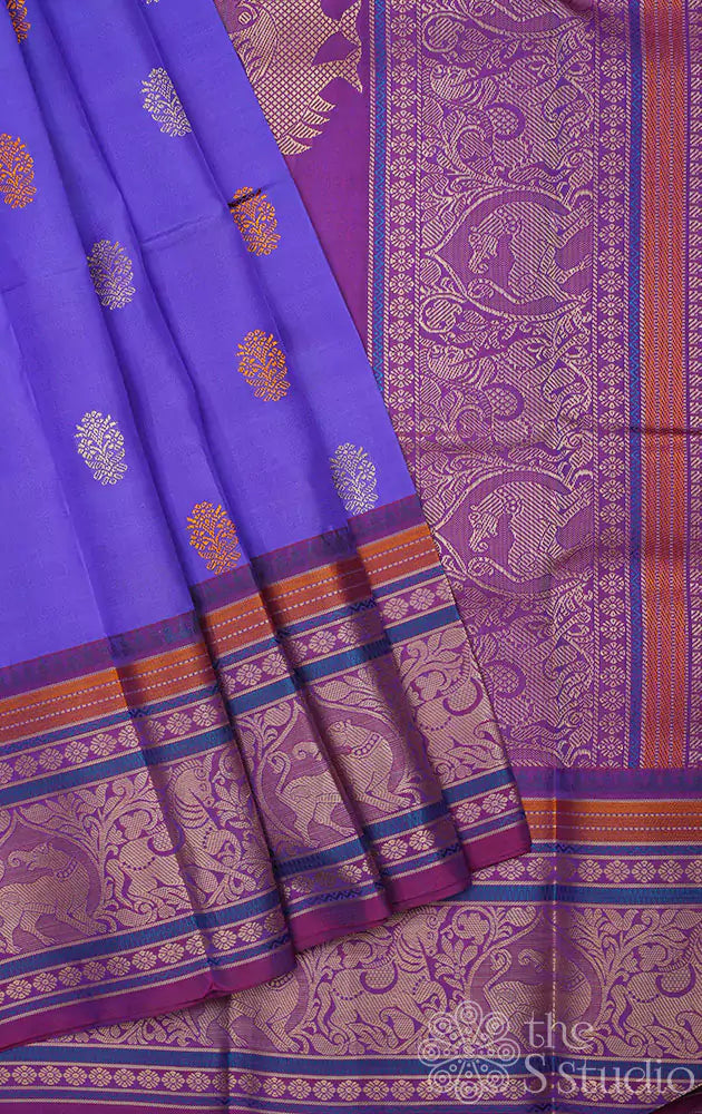 Bluish violet kanchipuram silk saree with Threadwork