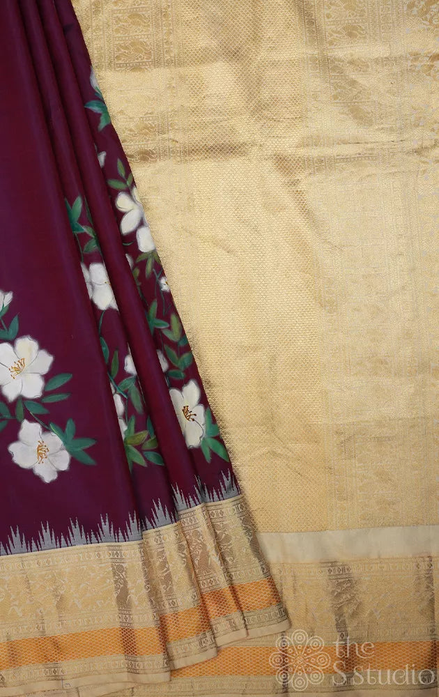 Burgundy colour kanjeevaram silk saree with hand painting