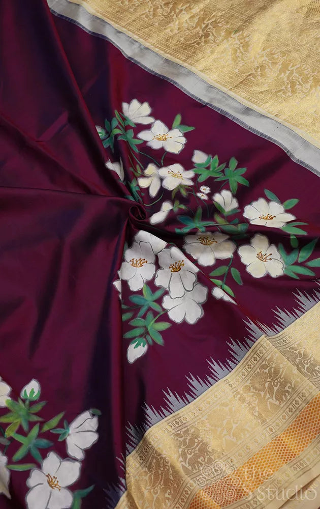 Burgundy colour kanjeevaram silk saree with hand painting