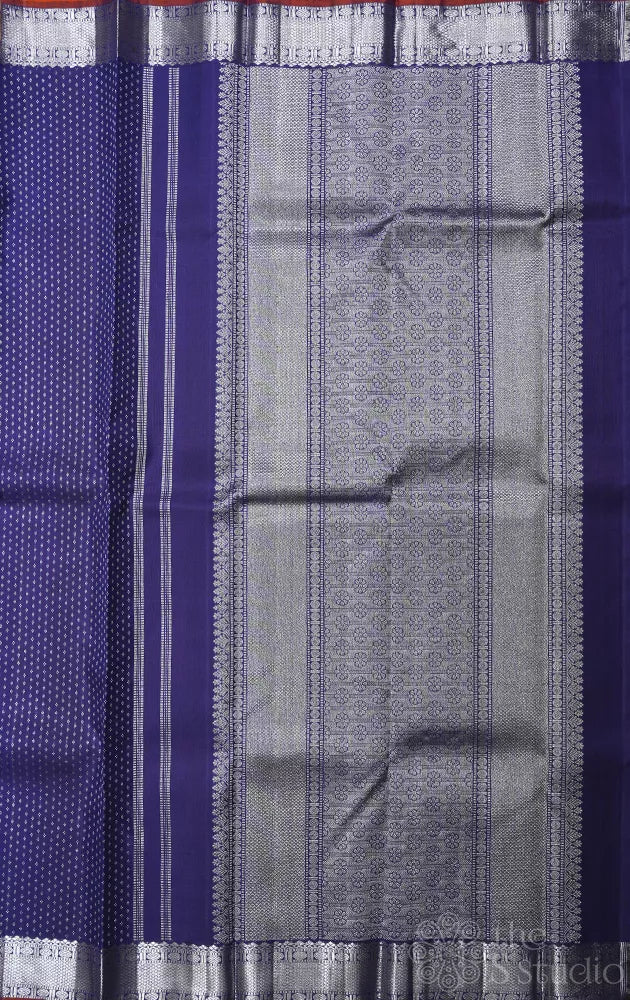 Navy bue kanchipuram silk saree with silver zari buttas
