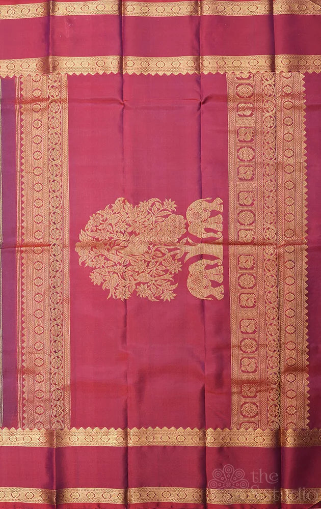 Deep purple kanchi silk saree with maroon rettaipet border