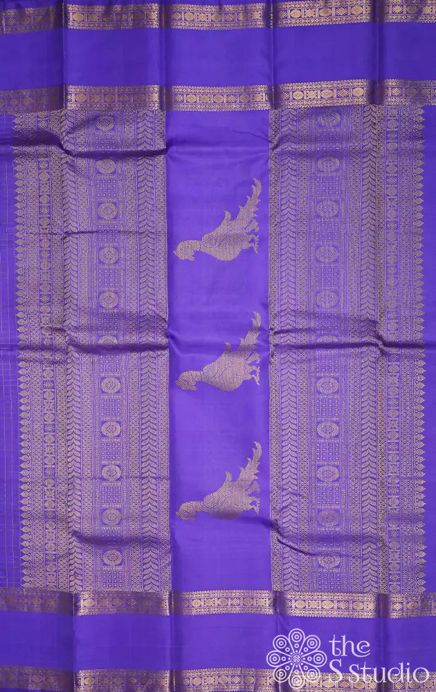 Dark lavendar kanchi silk saree with checks and parrot pallu
