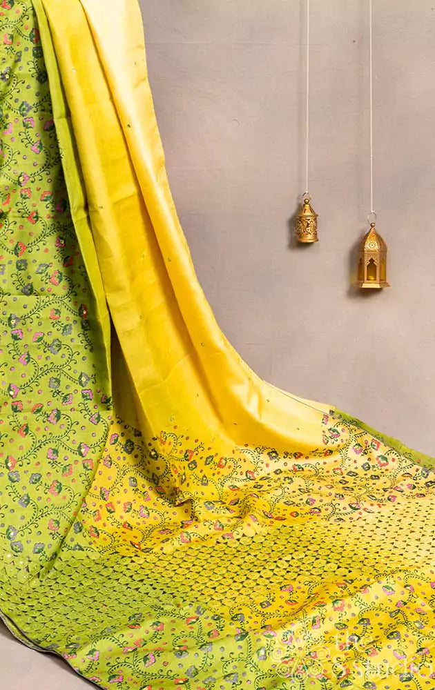 Yellow and green tussar saree with floral prints and cutwork