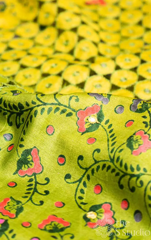 Yellow and green tussar saree with floral prints and cutwork