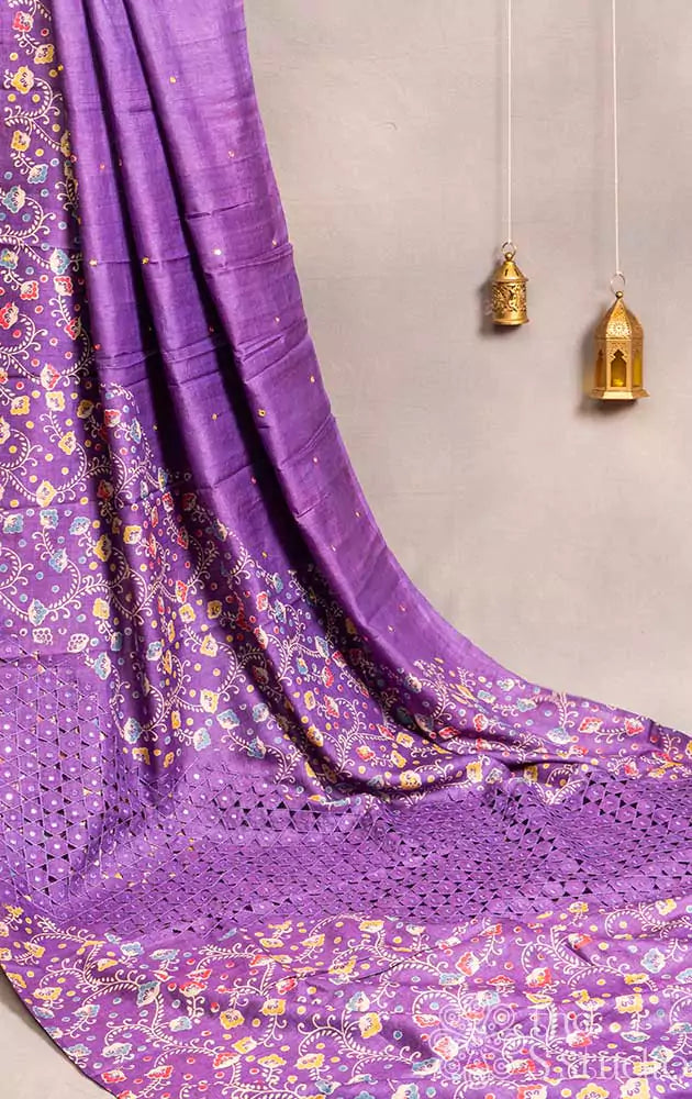 Elegant violet tussar silk saree with cutwork pallu