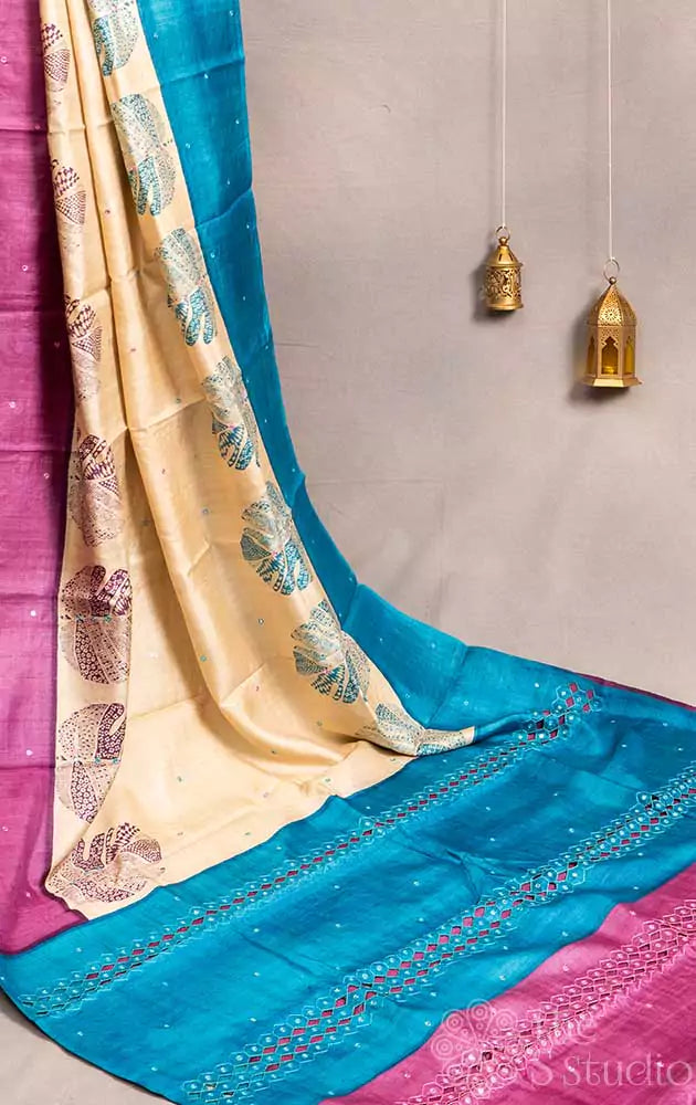 Classic offwhite tussar silk saree with purple and blue leaf prints