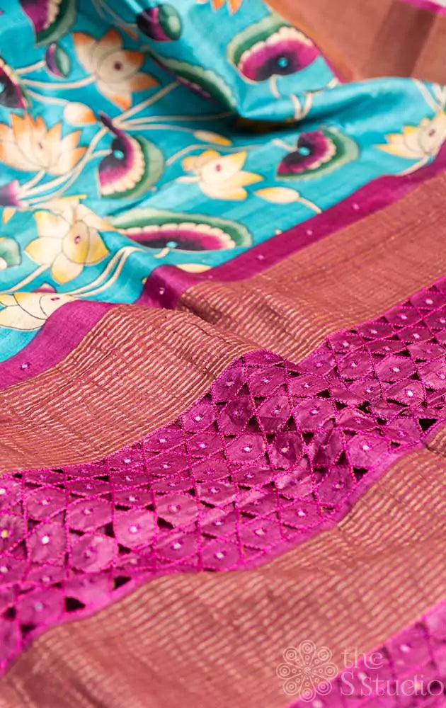 Blue tussar silk saree with pichwai prints