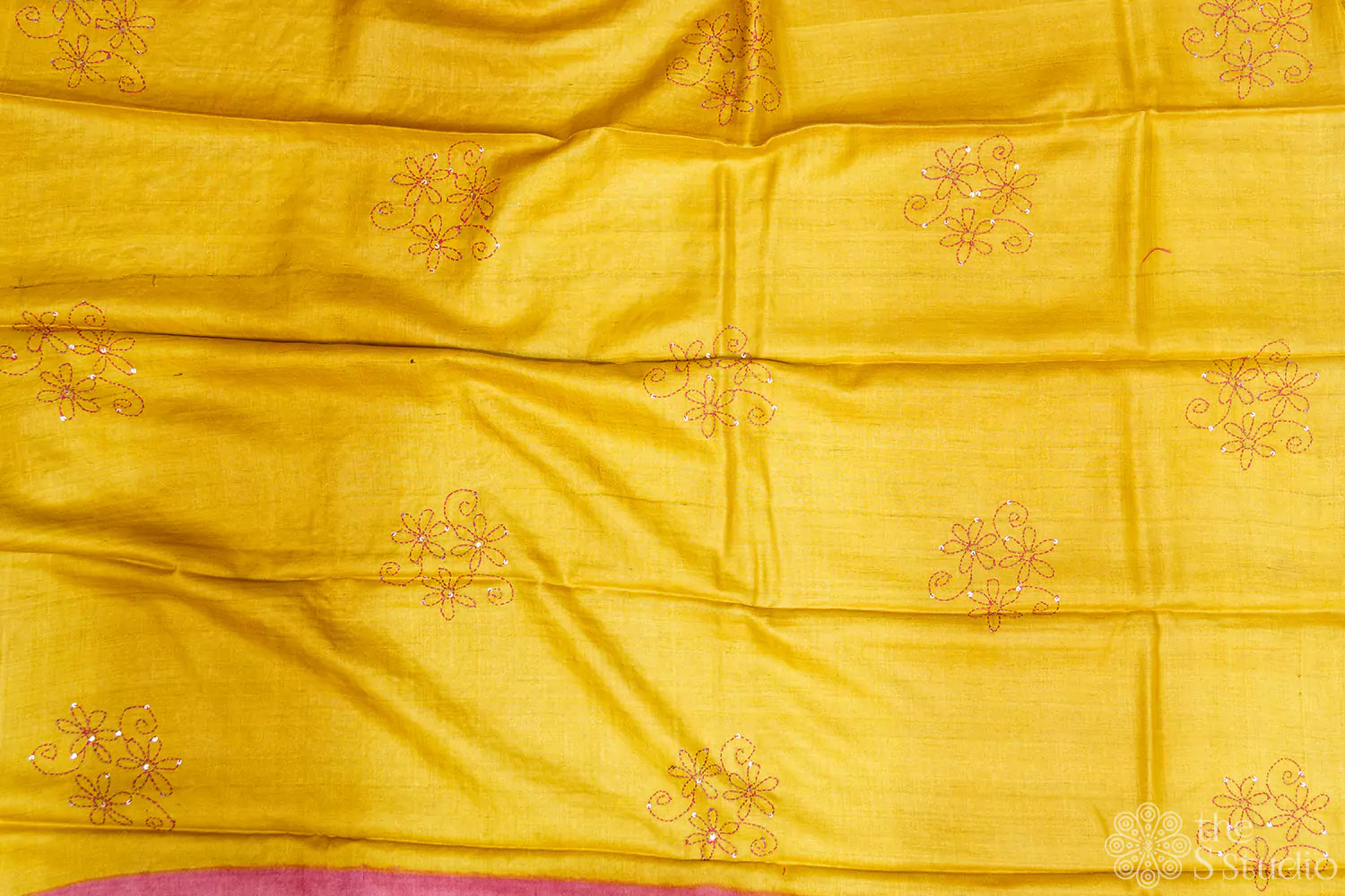 Pink tussar silk saree with block prints and hand embroidery
