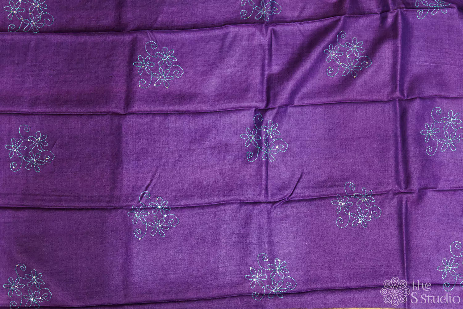 Methi green tussar silk saree with block prints and hand embroidery