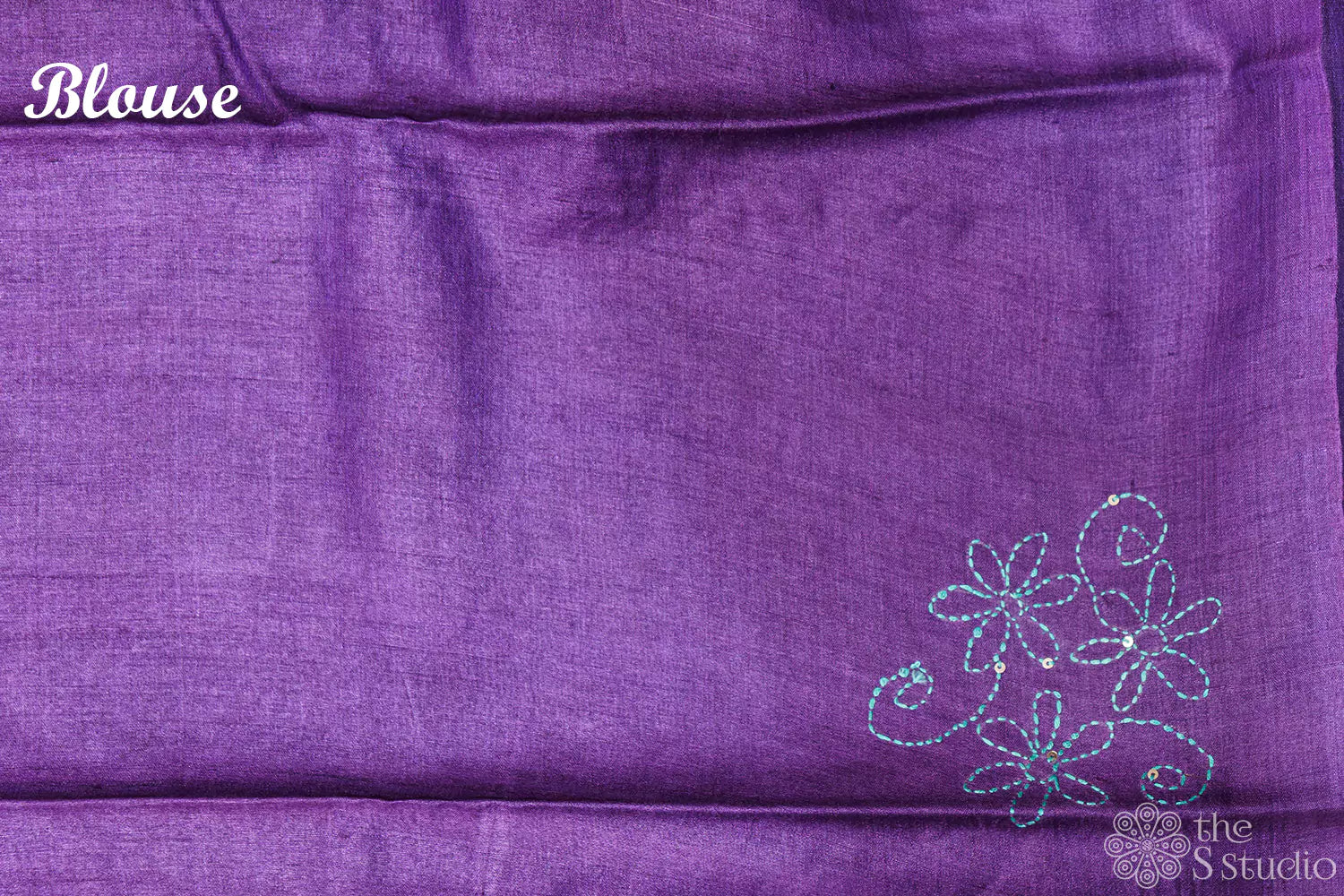 Methi green tussar silk saree with block prints and hand embroidery