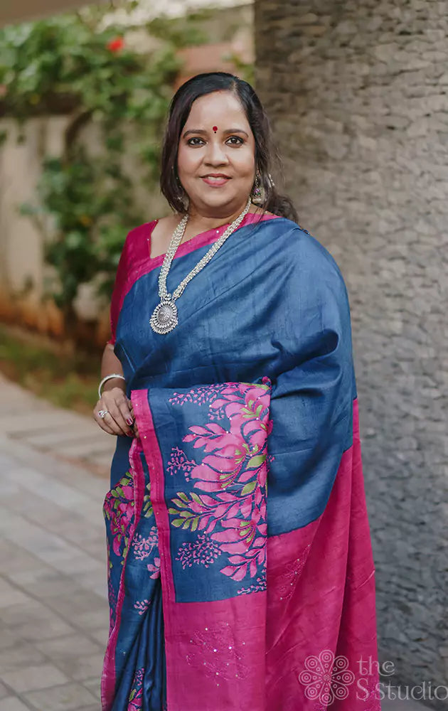 Blue tussar silk saree with magenta floral prints & kantha embroidery