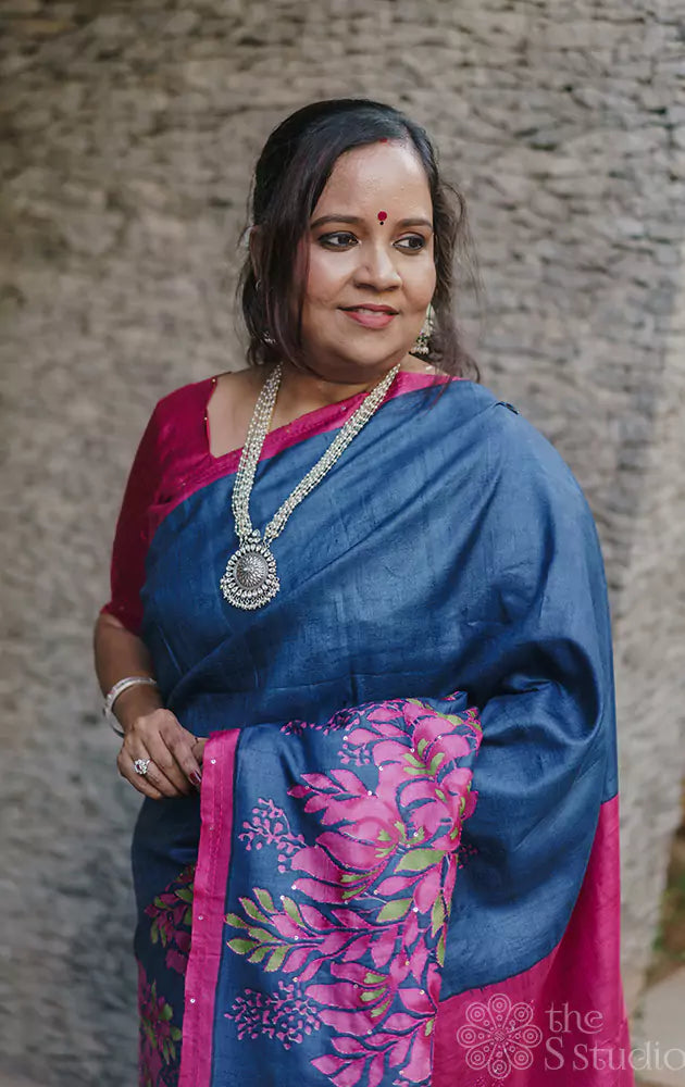 Blue tussar silk saree with magenta floral prints & kantha embroidery