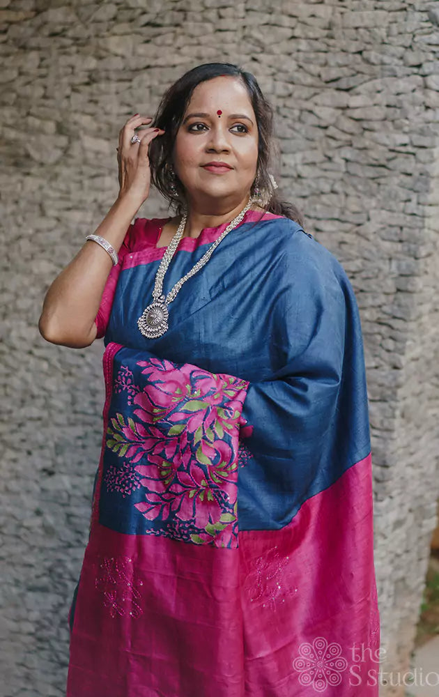 Blue tussar silk saree with magenta floral prints & kantha embroidery