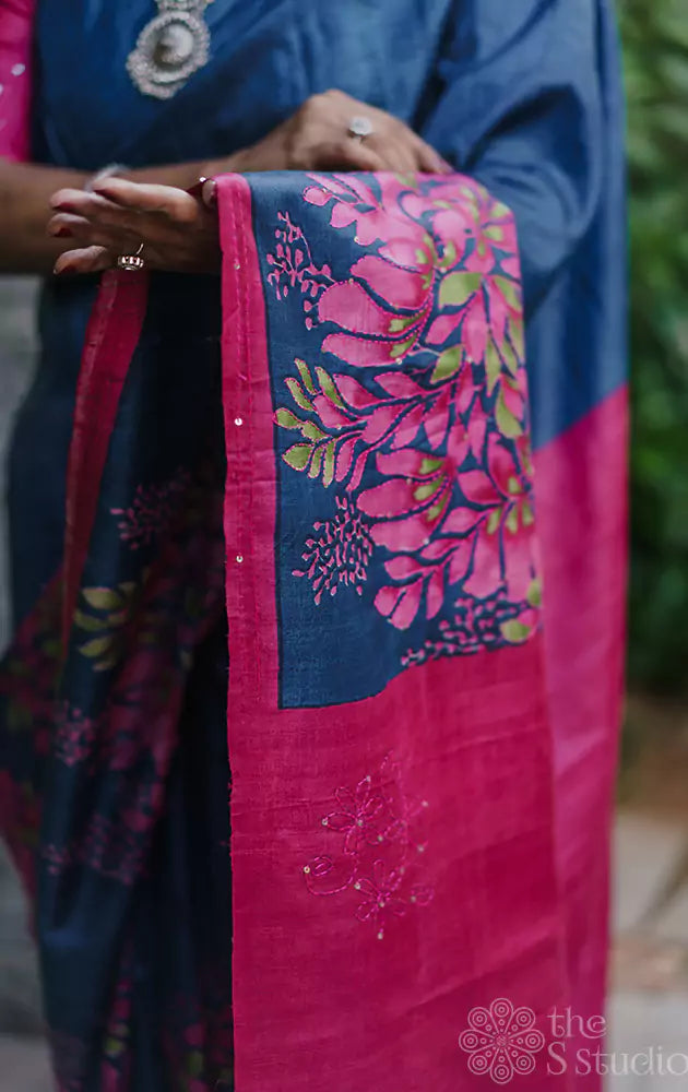 Blue tussar silk saree with magenta floral prints & kantha embroidery
