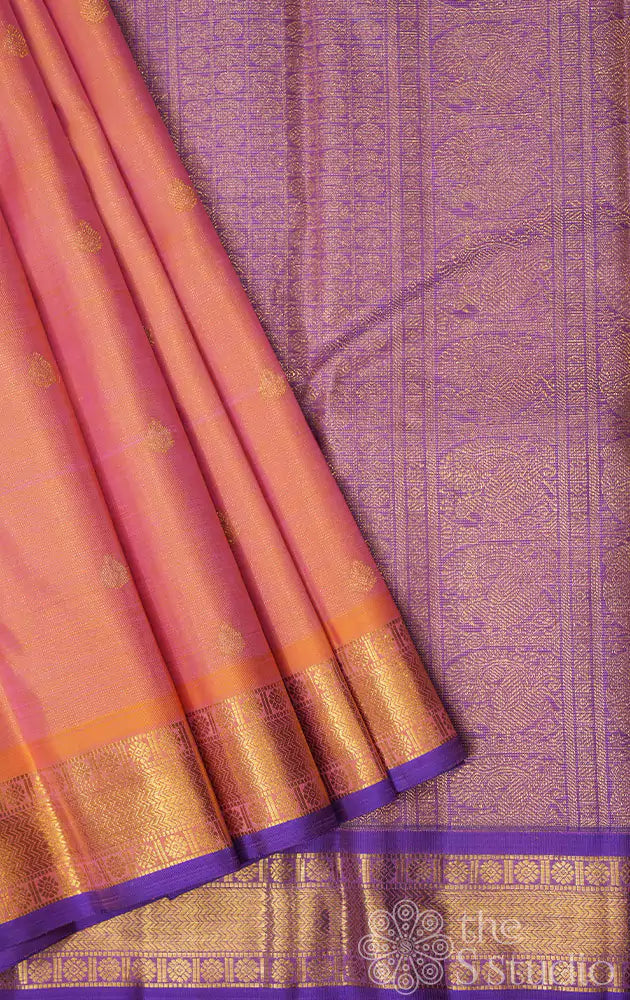 Peach vaira oosi kanjivaram saree with purple pallu