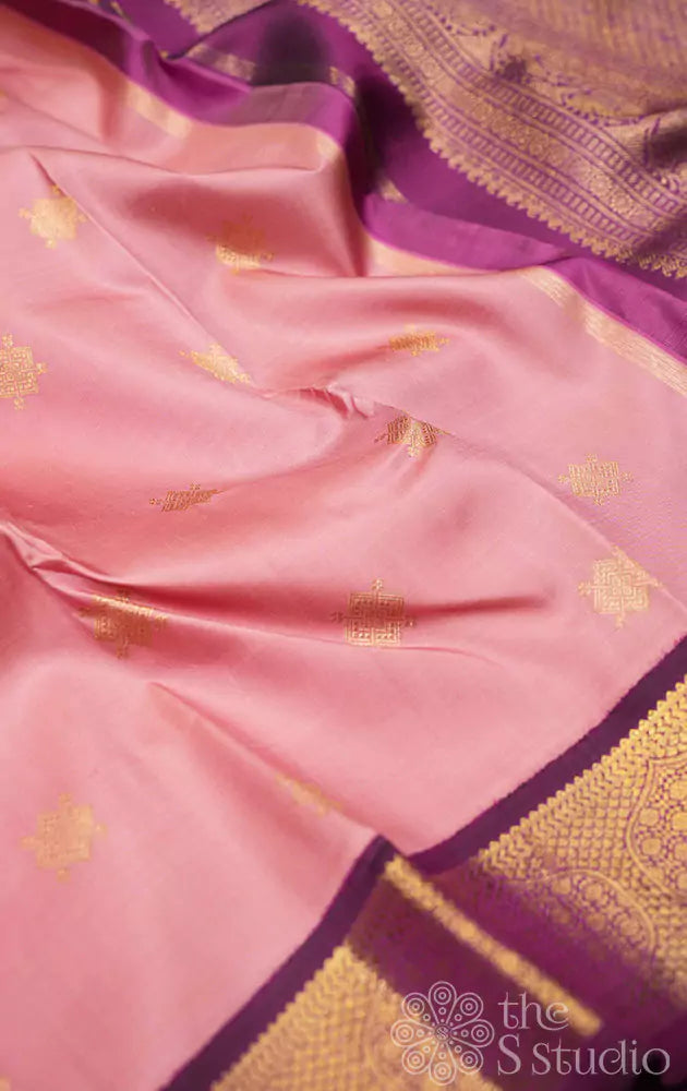 Onion pink kanchi silk saree with korvai purple border