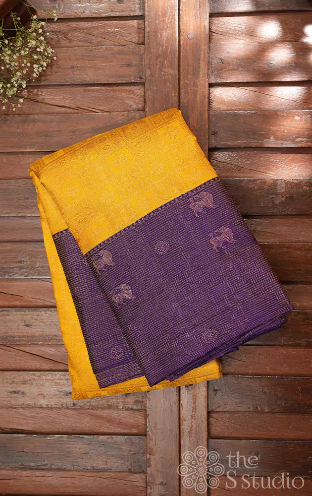 Mango yellow kanchi silk saree with violet border