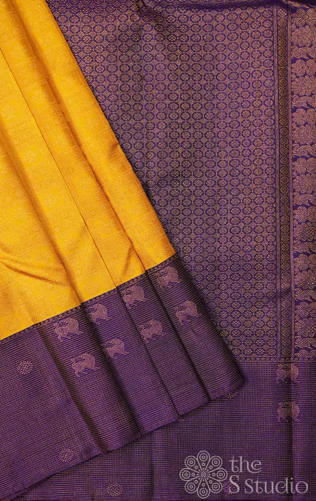 Mango yellow kanchi silk saree with violet border