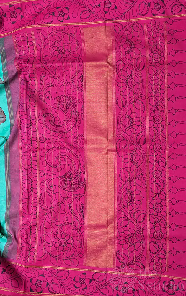 Sea green kanchi silk saree with all over handpainted kalamkari floral motifs