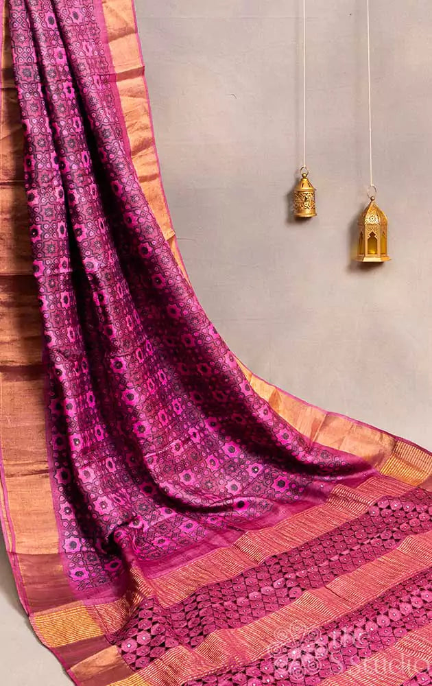 Purple tussar silk saree with patola prints