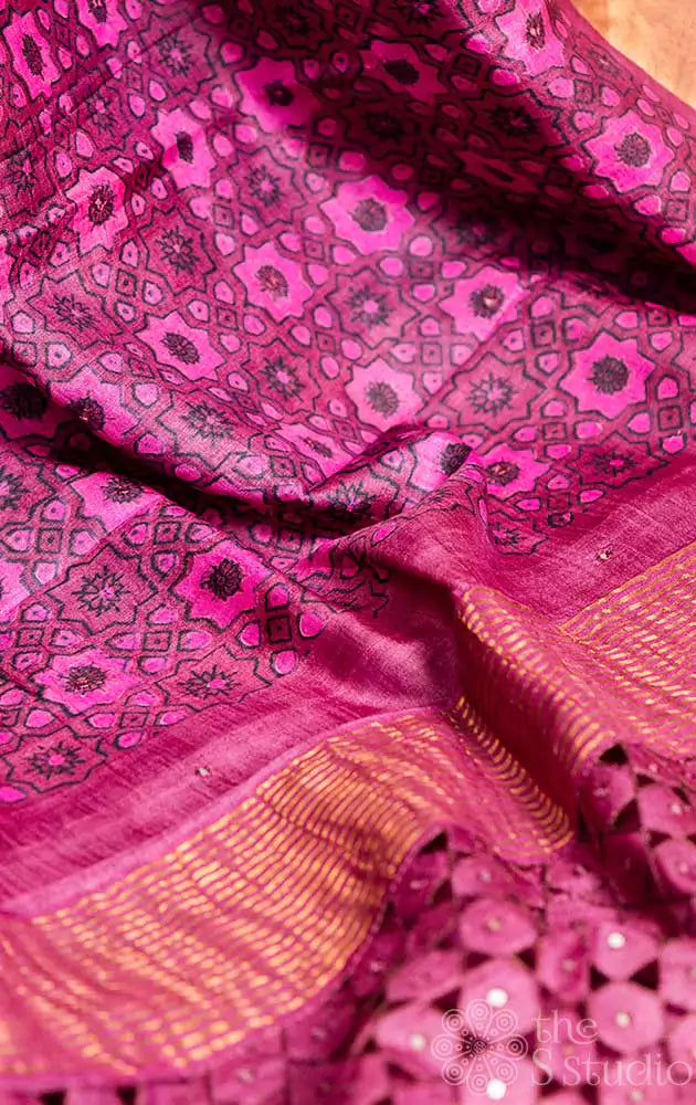 Purple tussar silk saree with patola prints