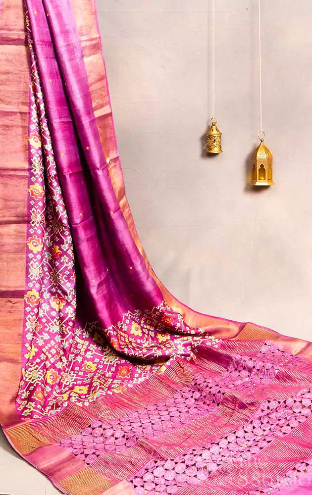 Purple tussar silk saree with patola print designs and cutwork pallu