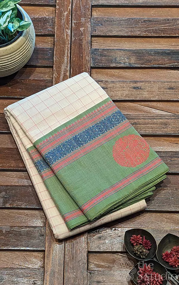 Off-white handloom Kanchi cotton saree with intricate threadwork
