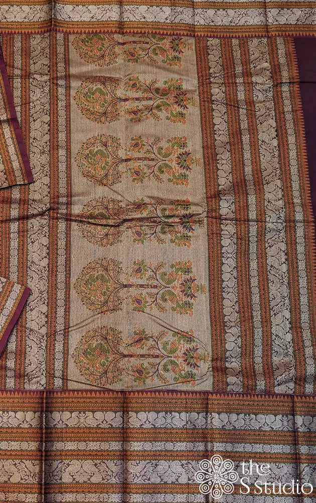 Dark purple handloom threadwoven kanchi cotton saree with long border