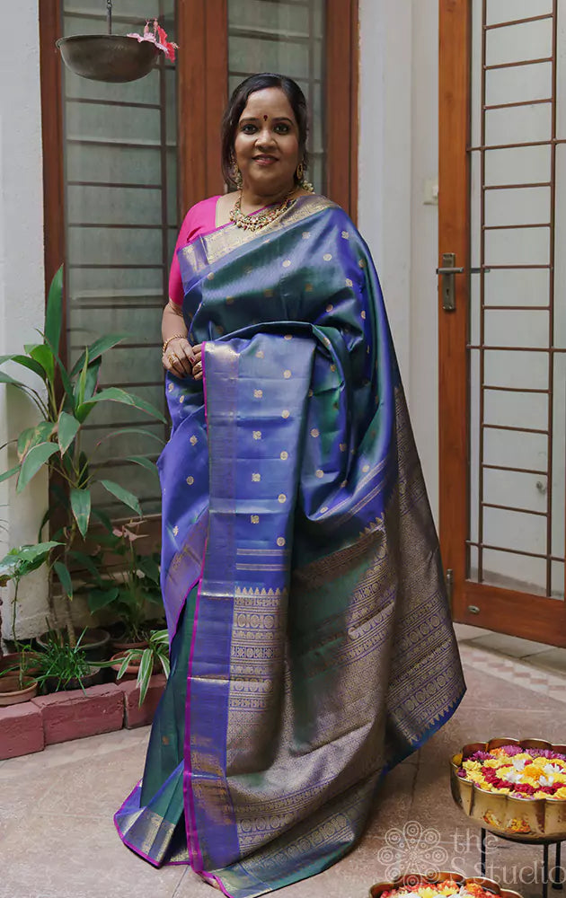 Peacock blue vairaoosi saree with mayil chakaram buttas
