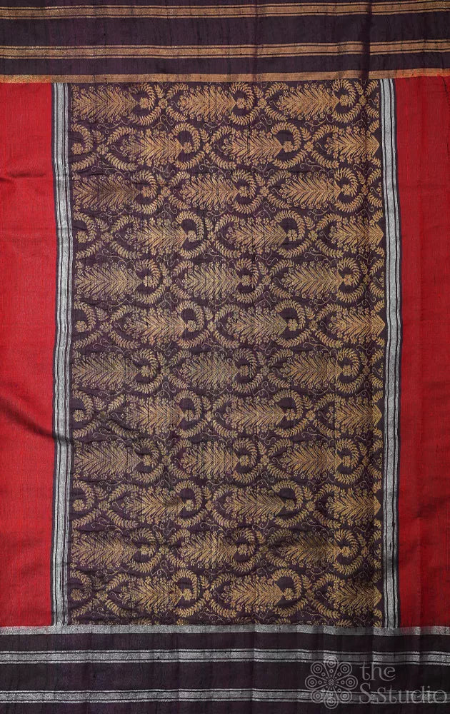 Maroon raw silk saree with dark brown colour border