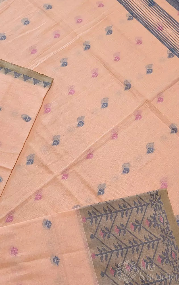 Peach bengal cotton saree with grey border
