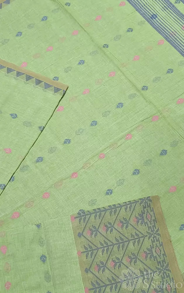 Pista green bengal cotton saree with grey border