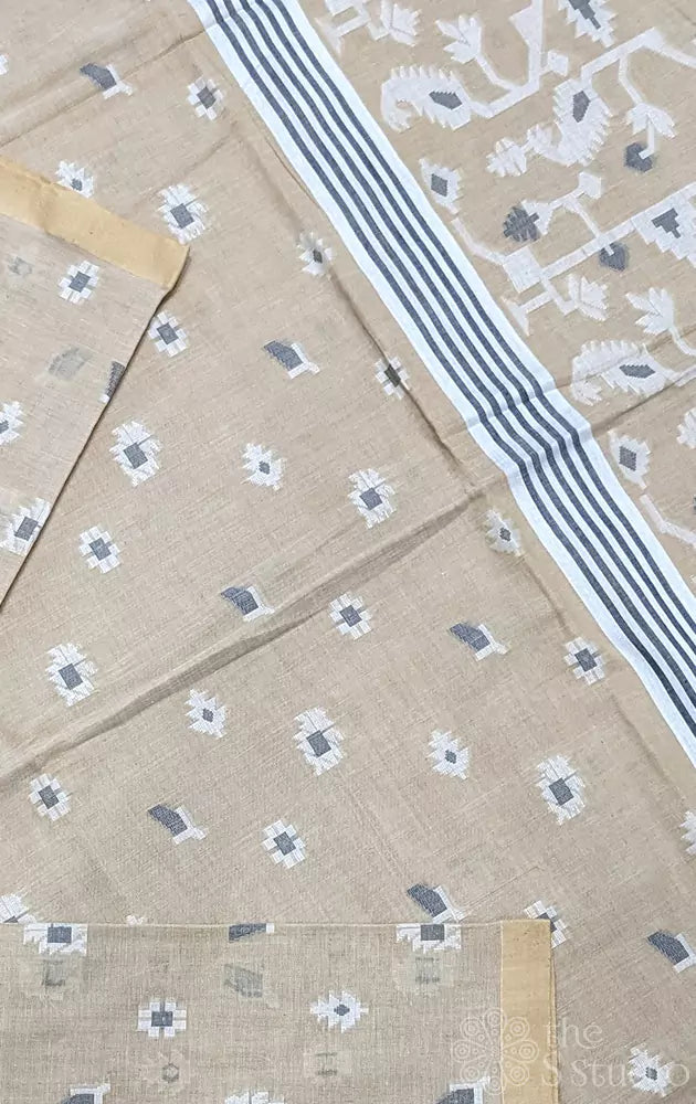 Beige bengal cotton saree with small buttas throughout